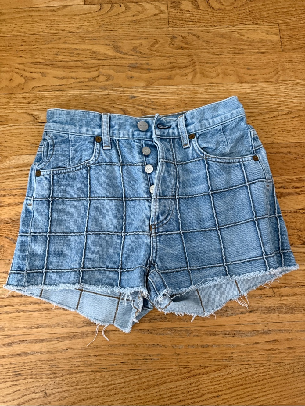 High-Rise Light Blue Grid Denim Shorts with Button Front